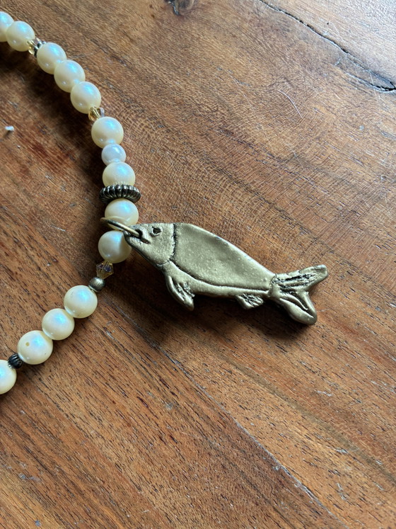 Image 1 of New vintage bead necklace with gold fish 47 cm
