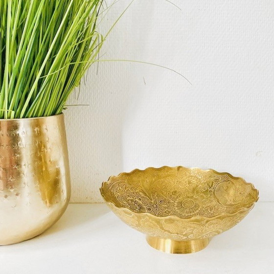 Image 1 of Vintage Oriental Engraved Peacock Brass Bowl Boho Patterns Flowers 1930's