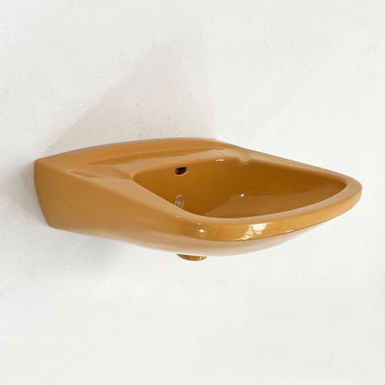 Image 1 of Vintage mosterdkleurige wastafel (L) van Keramag Keravit, jaren 80