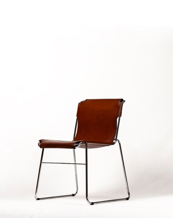 Image 1 of 4x vintage modernistische Italiaanse buisvormige chromen en leren stoelen, jaren 70
