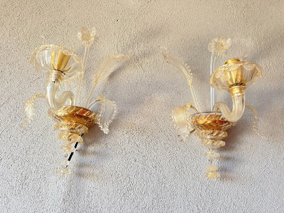 Paire vintage d'appliques murales Murano ton or, Métal, Doré (photo 12 sur 12)