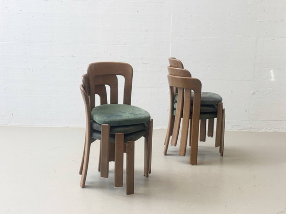 Stapelbare stoelen van Bruno Rey met groene stoffen zittingen voor Dietiker, Zwitserland, jaren 70. (photo 5 of 13)