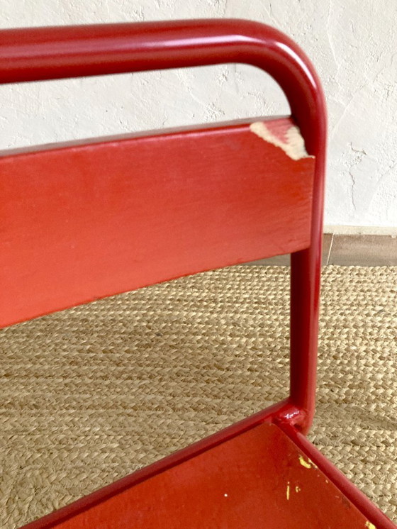 Image 1 of Pair of Mullca nursery chairs in metal and wood painted red and blue, 1950s