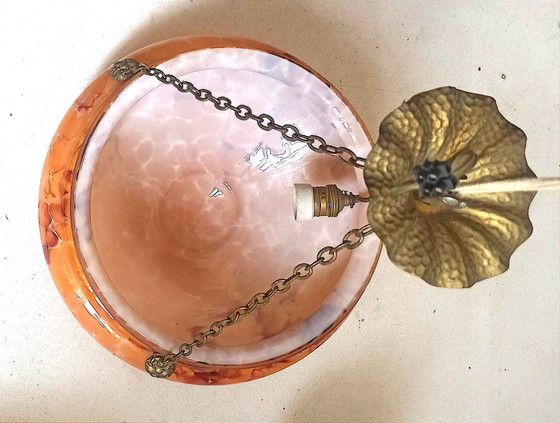 Art Deco Pendant Lamp Clichy Opaline Glass 42 cm Diameter – Brass (photo 8 of 9)