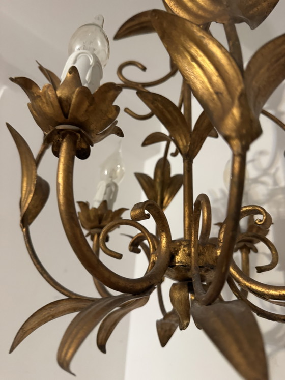 Image 1 of Gouden kroonluchter met palmbladmotief uit de jaren 70