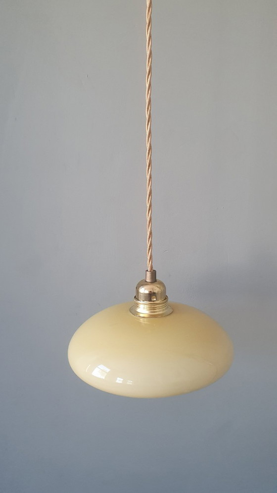 Vintage French Pendant Lamp - Pastel Yellow Opaline Glass – Metal (photo 3 of 12)