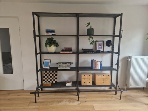 Vintage steel Art Deco wall unit with slate shelves