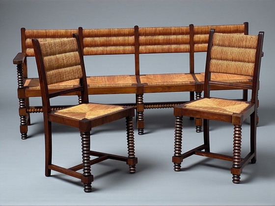 Image 1 of Set of bench and 2 chairs in solid oak and straw French work 1940