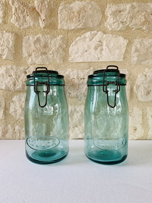 Vintage French Turquoise Glass Jars from Solidex, 1940s, Set of Two