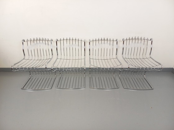 Image 1 of Suite van 4 Gastone Rinaldi Vintage Italiaanse stoelen in verchroomd metaal en Bouclettes stof uit de jaren 70