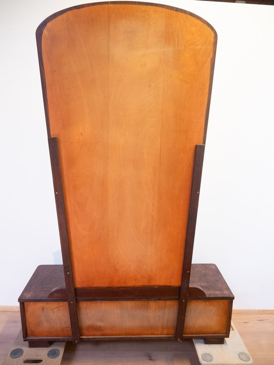 Image 1 of Espejo de cuerpo entero, cómoda con espejo y puerta corrediza de cristal en abedul flameado, años 50, restaurada.