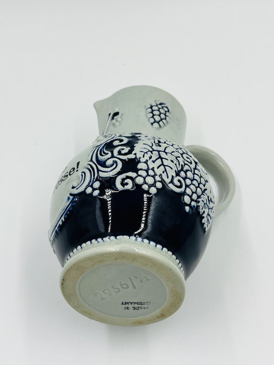 Marzi & Remy Stoneware Wine Pitcher "Le vin dissipe la tristesse", Glass & Decanter, Ceramic, Blue (photo 6 of 8)