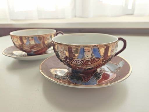 Tazze da tè vintage in porcellana giapponese Kutani, ceramica dorata stile Moriage / Satsuma con ritratto di geisha in litofania