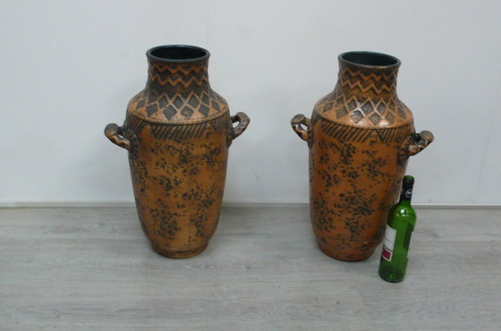 Image 1 of Ceramic floor vases, set of 2, very large, in beige-brown with Celtic / Germanic pattern, Westerwald Ikonen 50s