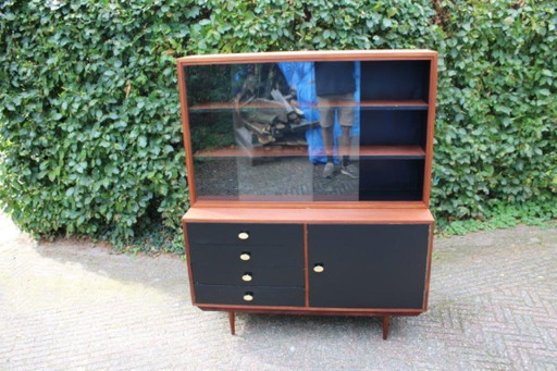 Bruin/Zwart Vintage Wandkast, Glazenkast, Servieskast Uit De Jaren 50-60