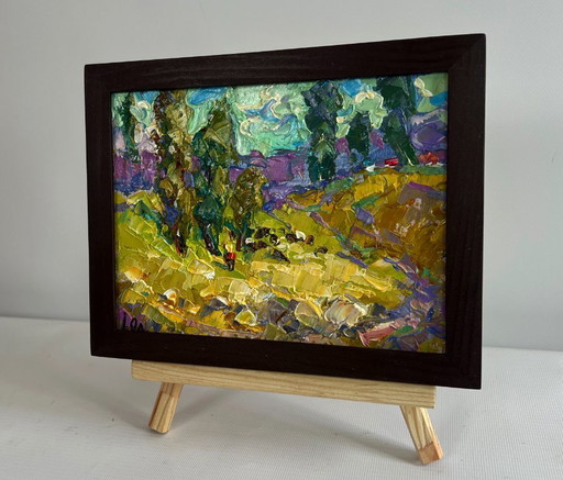 Original Oil Painting Summer Nature Landscape Walking through the valley