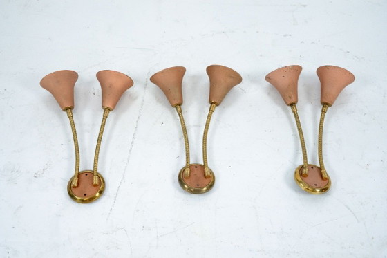 Mid-Century, Set of three sconces in Arredoluce manner. Italy 1950s, Wall lights, Brass, Orange (photo 10 of 11)