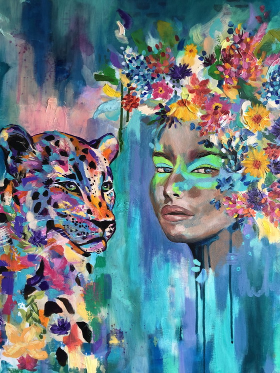 Image 1 of Origineel mixed media schilderij op canvas 80x80 – “Feiticeira” (gesigneerd) – vrouw & panter in kleur