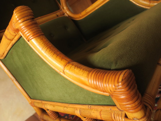 Image 1 of Sillón de orejas de mediados de siglo en bambú y verde oliva, década de 1960