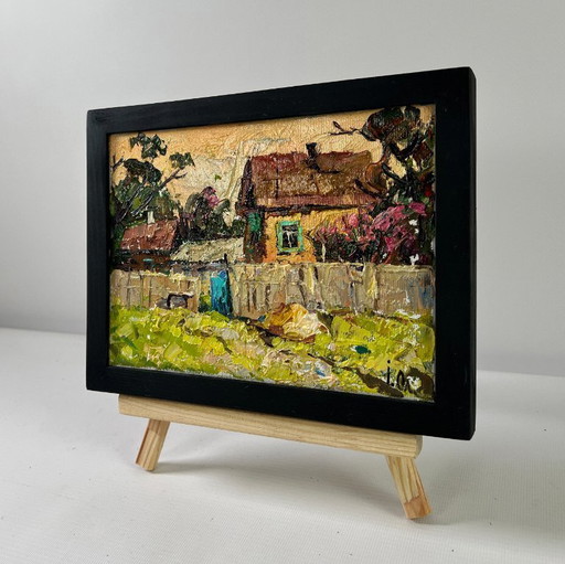 Original Oil Painting Evening Village Landscape Light at day’s end