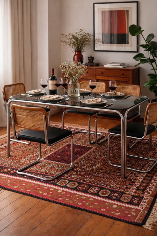 Vintage rectangular dining table with smoked glass and chrome