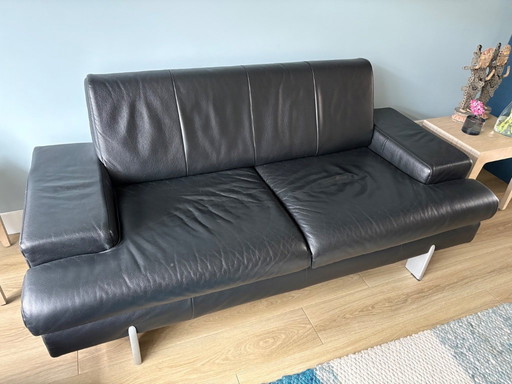 Rolf Benz 2- und 3-Sitzer-Sofas, mattschwarzes/anthrazitfarbenes Leder