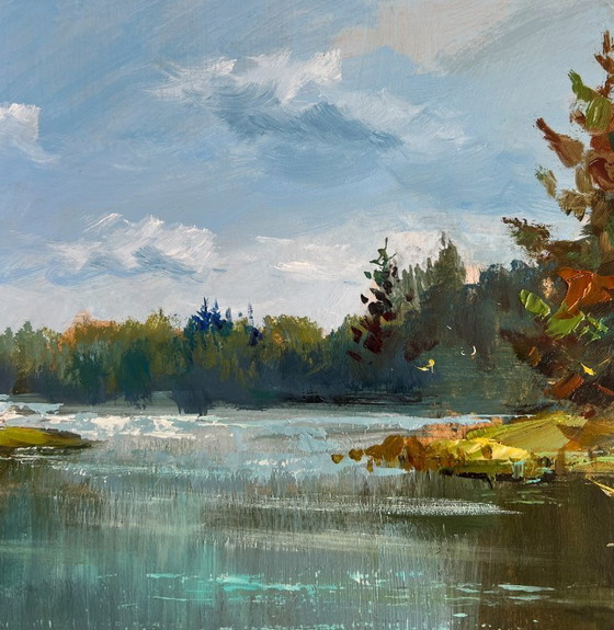 Image 1 of Original Oil Painting Summer Coastal Landscape A lonely boat by the river