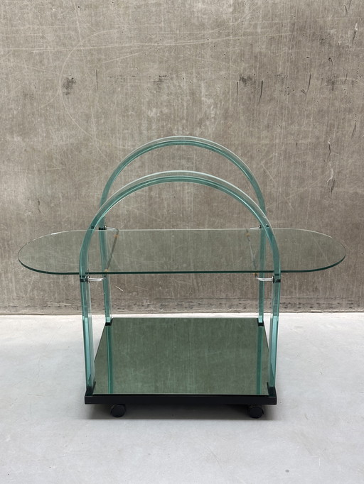 Curved green glass bar cart by FIAM - Italy - 1980s