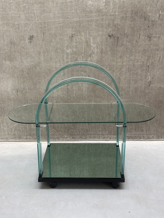 Image 1 of Curved green glass bar cart by FIAM - Italy - 1980s