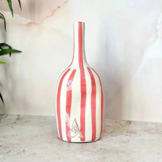 Vaso a bottiglia artigianale rosa a righe – Vasi, Porcellana, Ceramica, Scandinavian (photo 3 of 6)