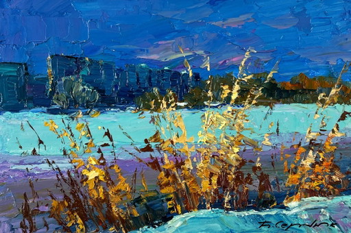 Peinture à l'Huile Originale Banlieue Paysage Hivernal Rivière Fin de Soirée