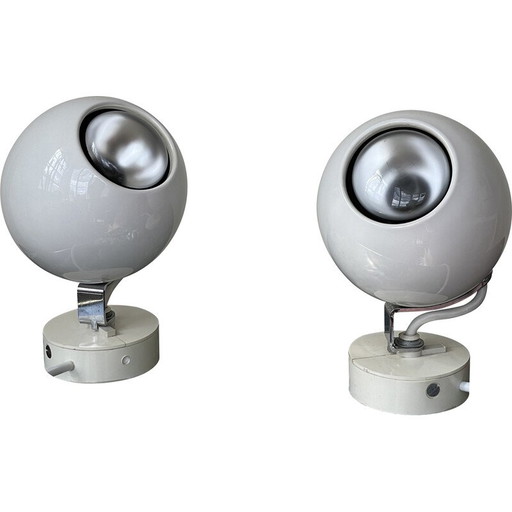 Par de lámparas de pared vintage Eyeball en plástico blanco y cromo, Reino Unido 1960