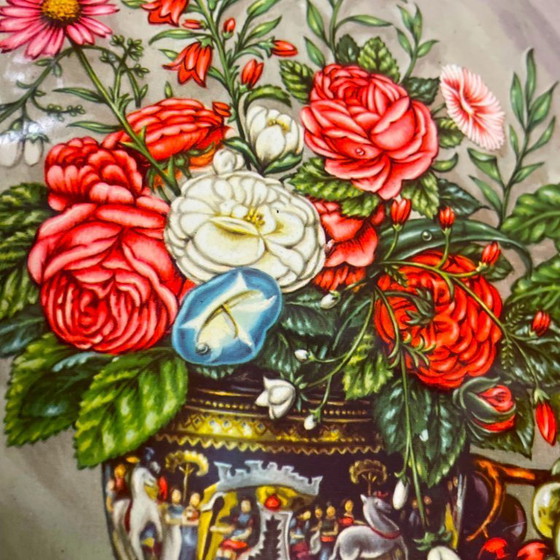 Image 1 of Large vintage round enamel metal tray still life fruit design by Daher