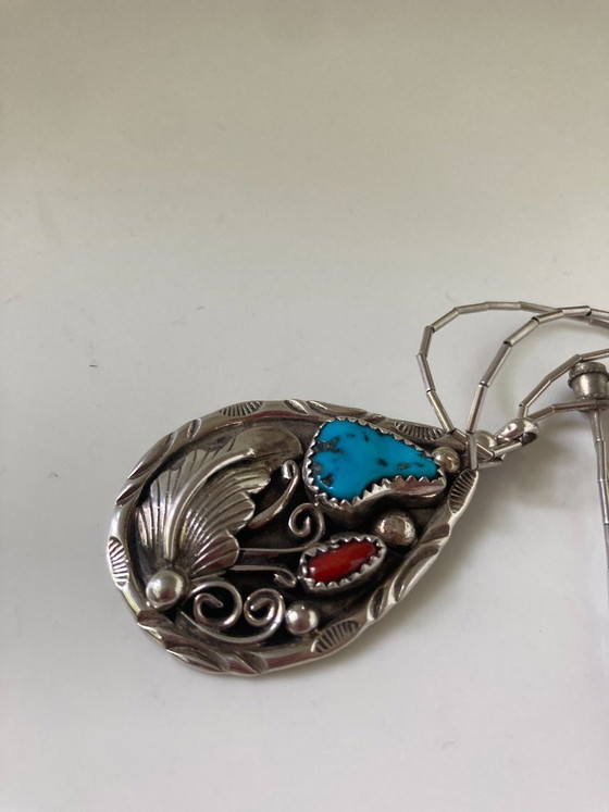 Image 1 of Navajo Indiaanse bloemenhanger (sterling zilver, turkoois, koraal)