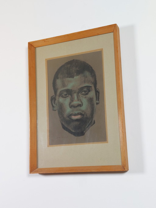 Vintage pastelschilderij, portret, passe-partout, John C. Bullen, 1988