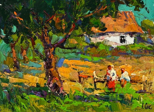 Peinture à l'huile originale représentant un paysage de campagne, un jardin et une maison en vacances d'été à la campagne