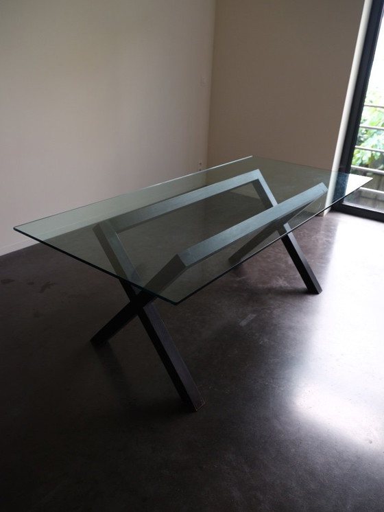 Image 1 of Glass dining table with wooden base 200x90cm