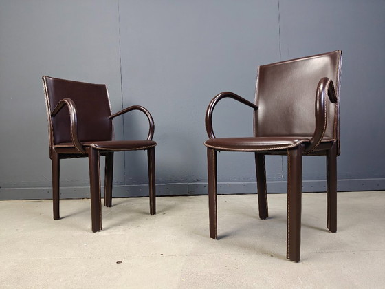 Image 1 of Pair of brown leather armchairs by Arper italy, 1980s
