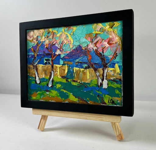 Original Oil Painting Colorful Village Landscape Spring аwakening