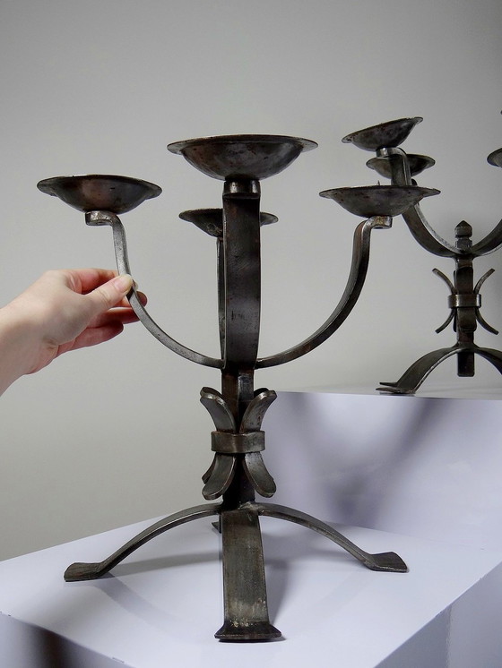 Image 1 of Pair of Massive Brutalist Wrought Iron 4-Light Vintage Candlesticks