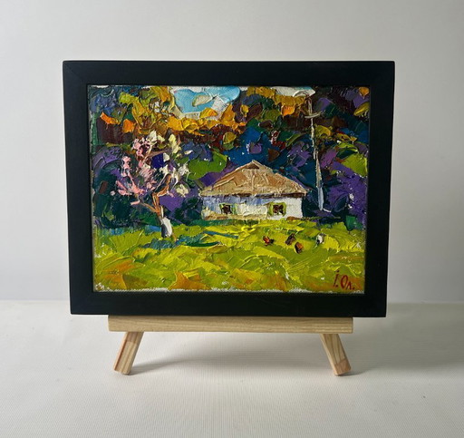 Original Oil Painting Summer House Landscape: The Yard Smells of Fresh Hay and Silence