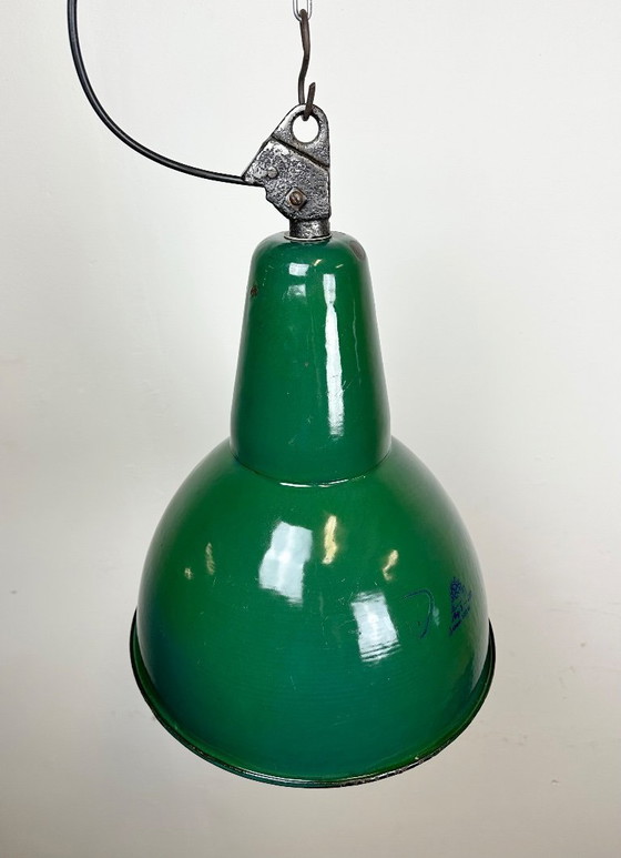 Image 1 of Industrial Green Enamel Factory Lamp with Cast Iron Top, 1960s