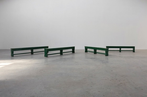 Image 1 of Panca rustica primitiva verde in rovere massiccio, Francia ca. 1900