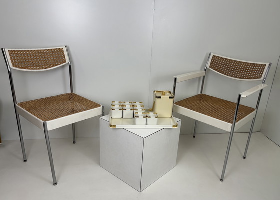 Image 1 of 2 x vintage armchair rattan/webbing chrome tube frame white wood