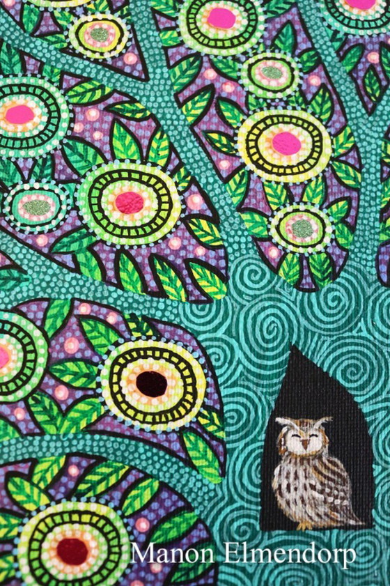 Image 1 of Unique Hand-Painted Owl Painting New 20x20 cm
