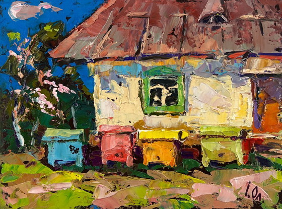Image 1 of Original Oil Painting Village House Landscape Spring is coming to the yard