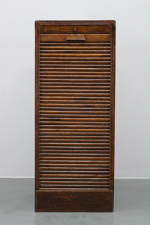 Mobiletto da ufficio in legno a tamburo anni '50 