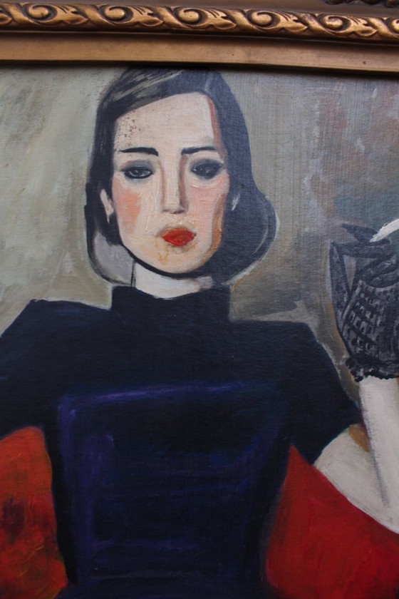 Image 1 of Lady Smoking in Art Nouveau Style, 1950s, Oil Painting, Framed