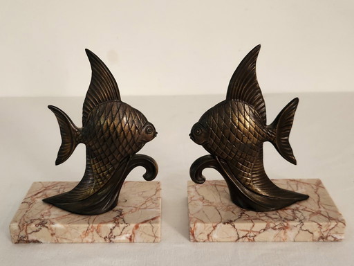 Pair of art deco marble and bronze fish bookends
