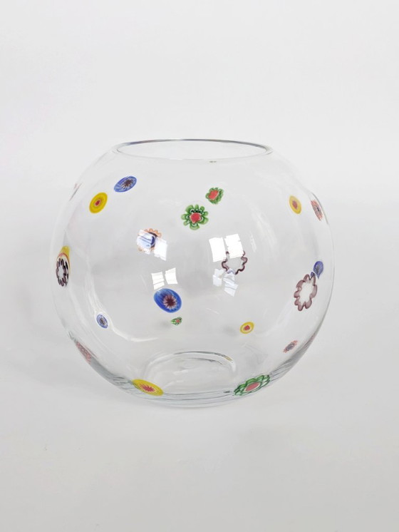 Image 1 of 1990s Leonardo Millefiori Ball Glass Vase, German Art Glass Murano Style Floral Inclusions